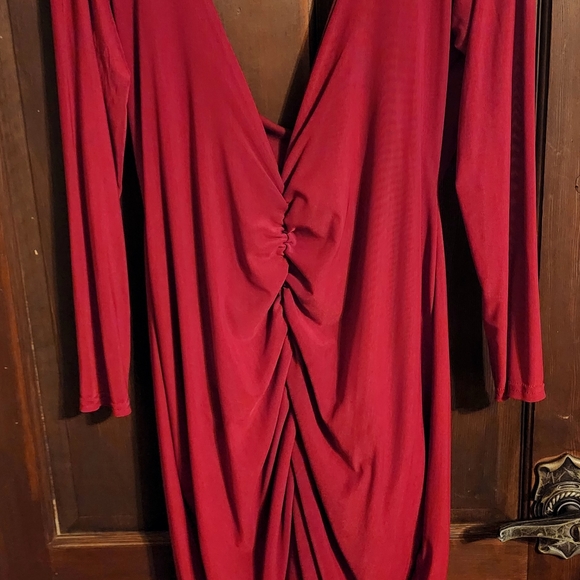 PLT Plus Burgundy slinky mesh sleeve dress - Picture 2 of 2